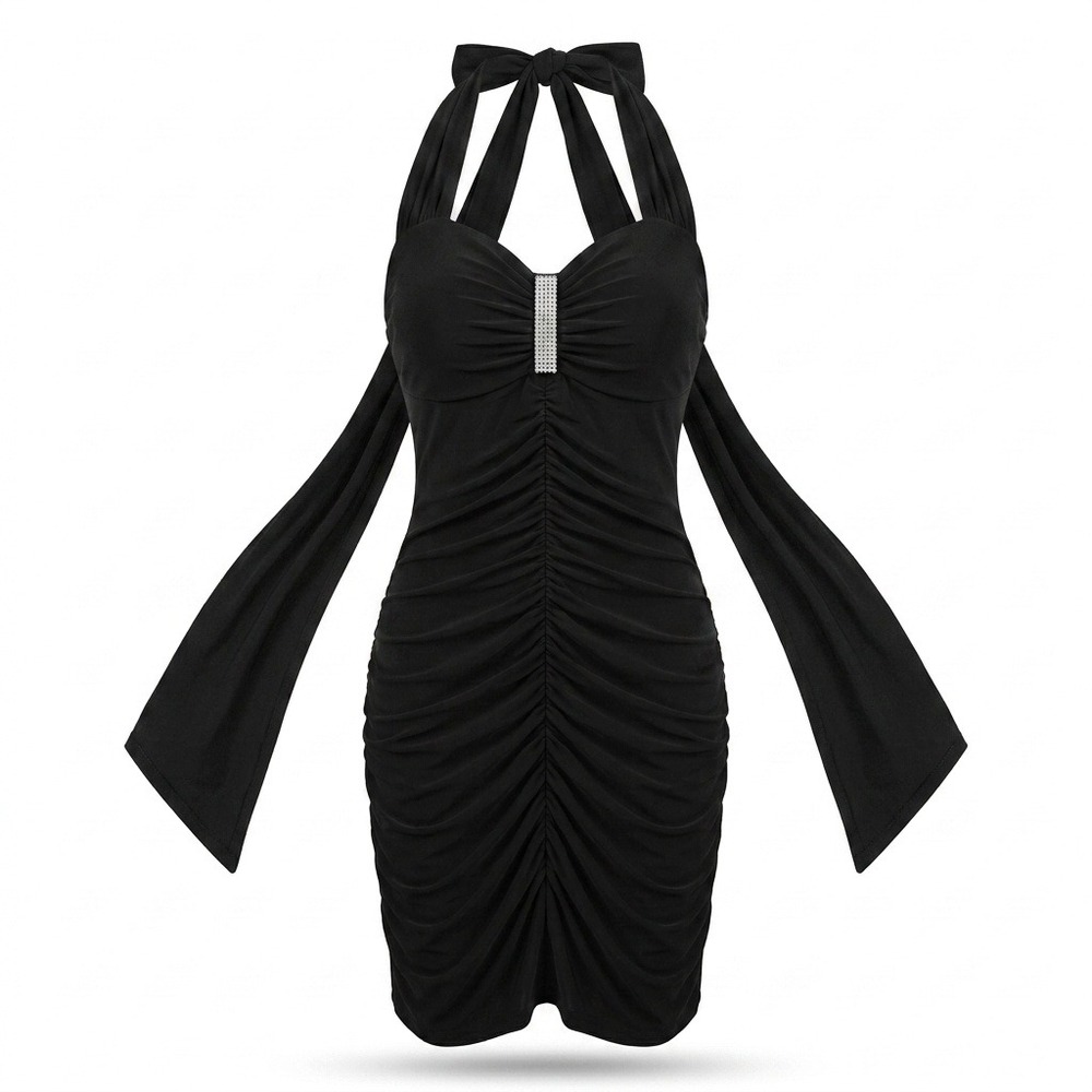 Y2K Mini Bodycon‎ Dress Womens M Ruched Fitted Halter Vintage Made in USA